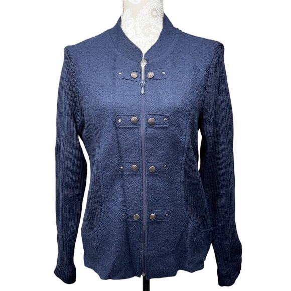 Women's Orvis 100% Wool Knit Full‎ Zip Navy Cardigan Medium Military Industrial - Picture 1 of 7